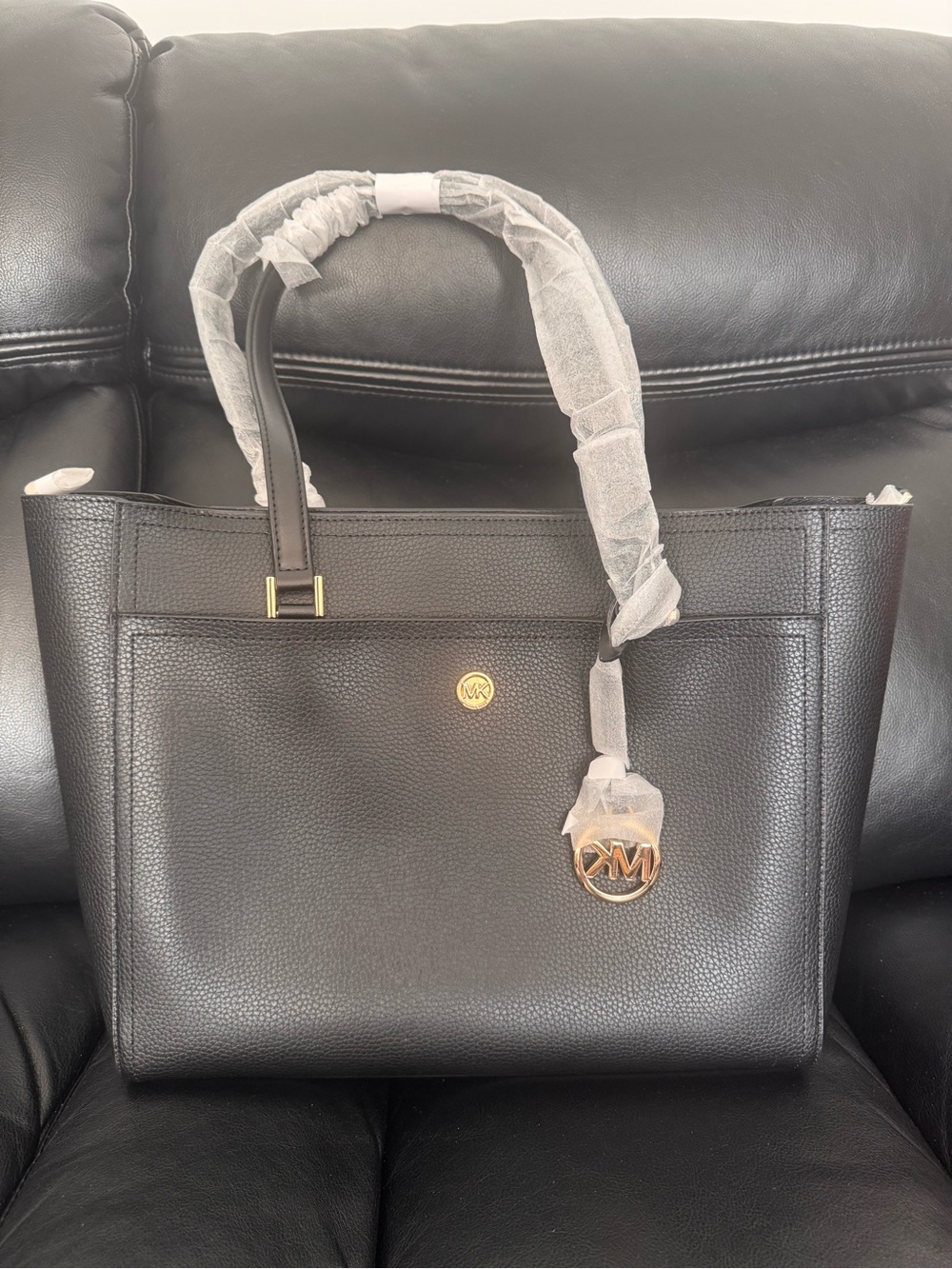 NEW Michael Kors Black Pebbled Leather Tote with Gold Hardware